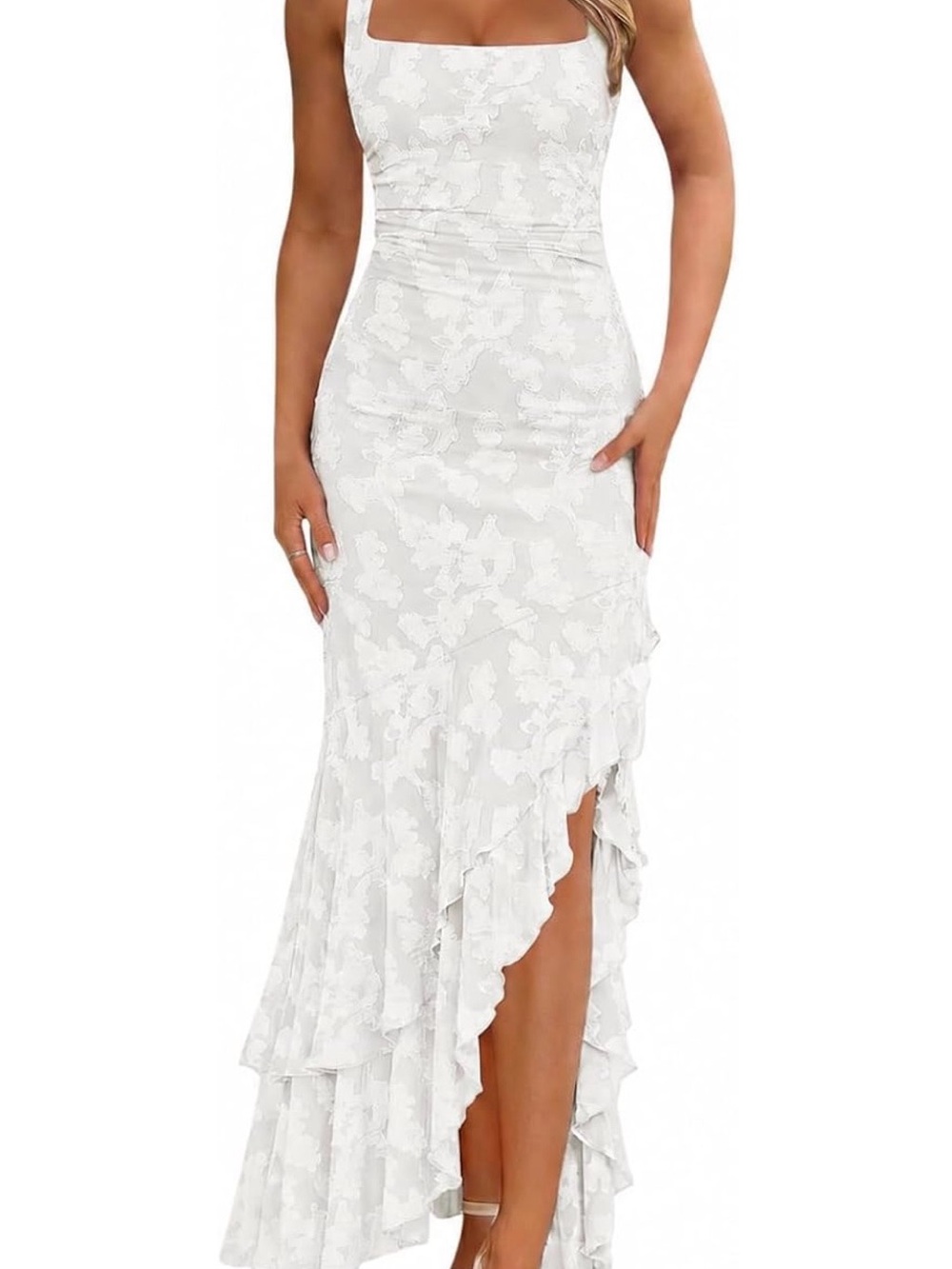 White Floral Lace Ruffle Maxi Dress